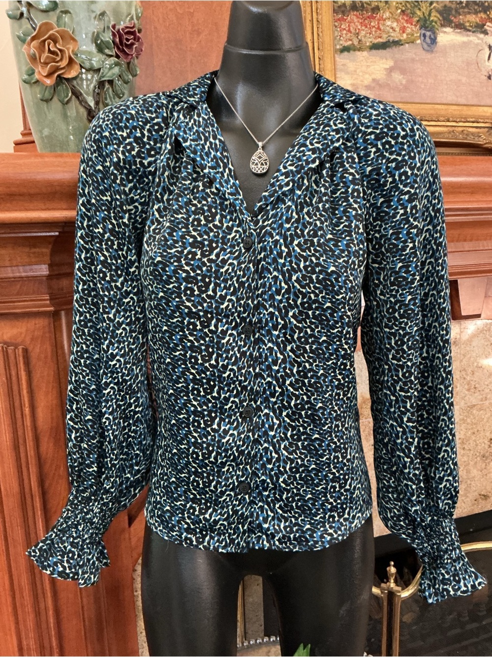 Topshop Blue & Black Leopard Animal Print Blouse 2